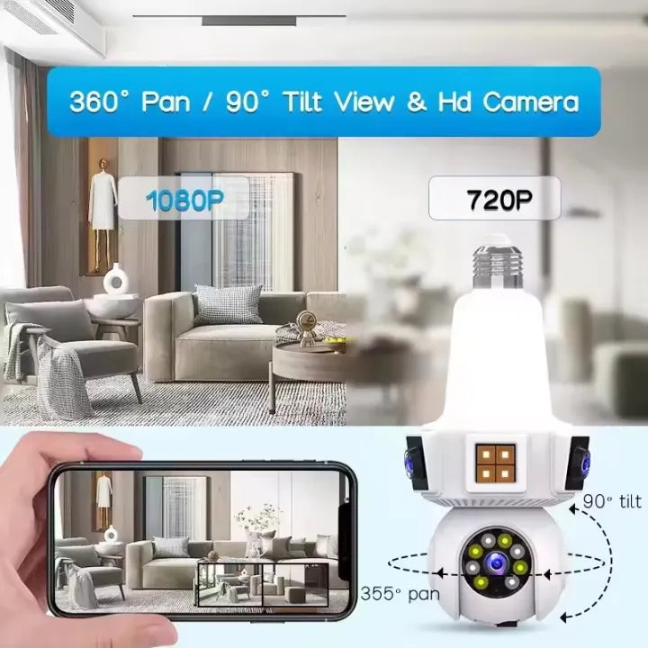three Lens Triple Screen 6MP Wireless Wifi E27 Light Bulb Camera