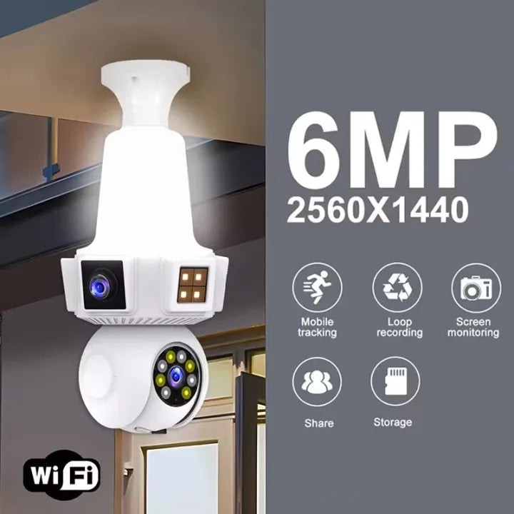 three Lens Triple Screen 6MP Wireless Wifi E27 Light Bulb Camera